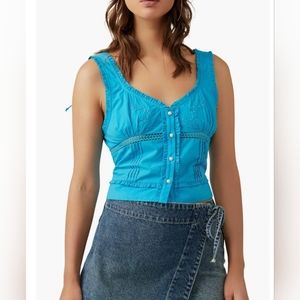 NWOT Free People Kerry Crochet Lace Insert Embroidery Cropped Sky Blue Tank Top